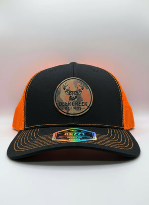 OG Logo CAMO Leather Patch Trucker Hat- Hunters Orange/Black